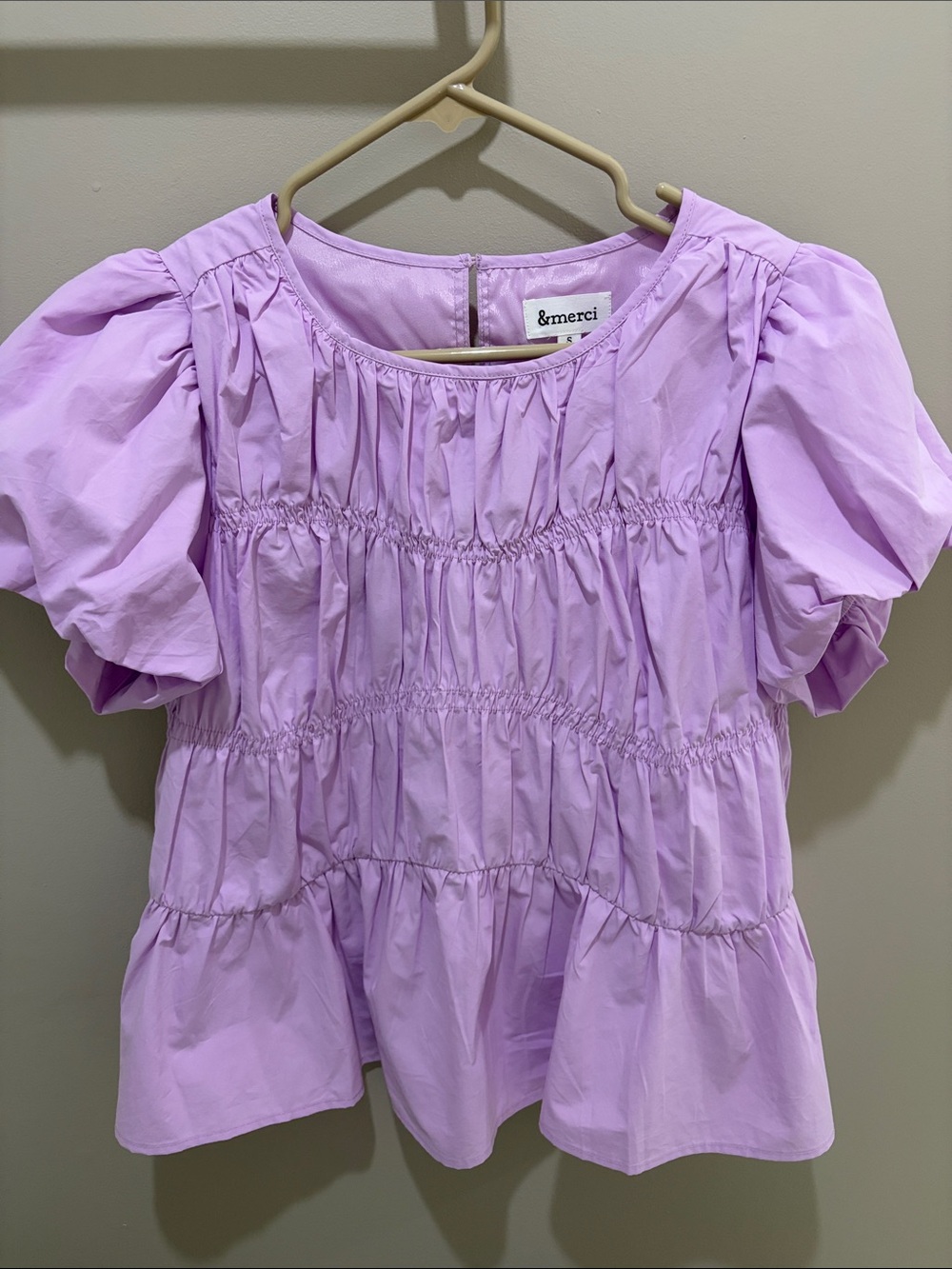 &merci Lilac Puff Sleeve Smocked Peplum Blouse